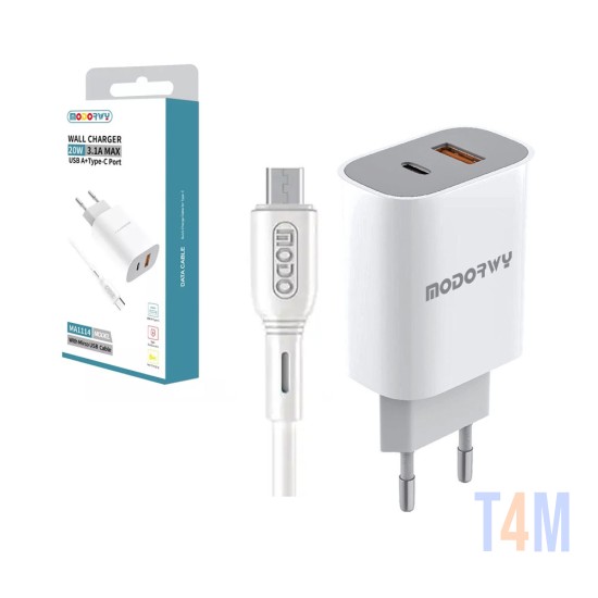 Carregador de Parede PD Modorwy MA1114 USB+Tipo-C com Micro Cabo 5V 3,1A Branco